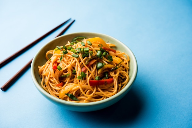 Los fideos Schezwan o los fideos Hakka de verduras o chow mein son recetas populares indochinas, que se sirven en un tazón o plato con palillos de madera. enfoque selectivo