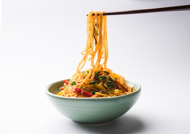 Los fideos Schezwan o los fideos Hakka de verduras o chow mein son recetas populares indochinas, que se sirven en un tazón o plato con palillos de madera. enfoque selectivo