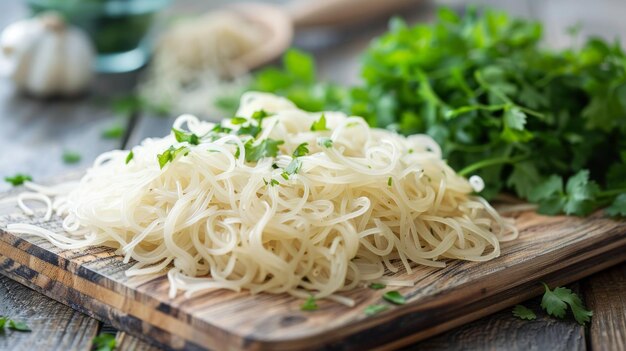 Foto los fideos shirataki con perejil sobre un fondo de madera