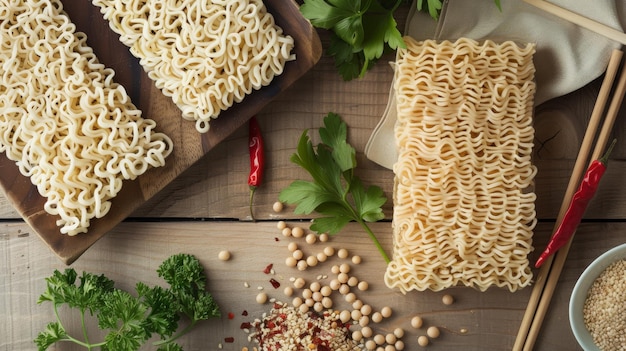 fideos de soja crudos con ingredientes para cocinar en una mesa de madera comida tradicional asiática