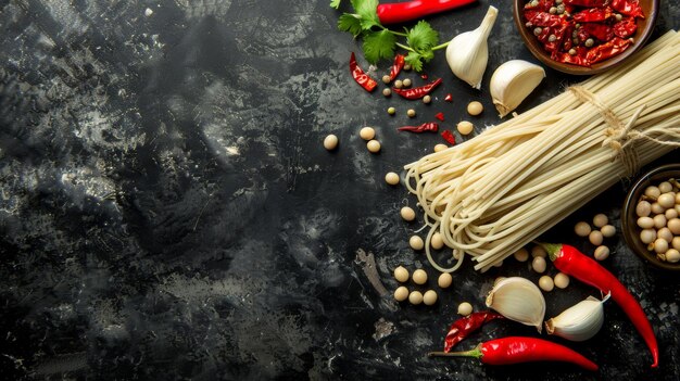 fideos de soja con verduras y especias sobre fondo negro vista superior