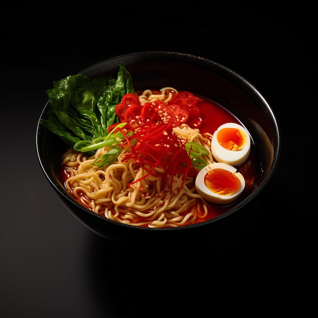 Fideos de sopa ramen con verduras, huevos y carne de res en un tazón negro Fondo negro Vista superior