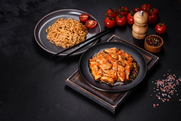 Fideos tailandeses y plato de pollo sobre un fondo de hormigón negro con palillos chinos y espacio para copiar