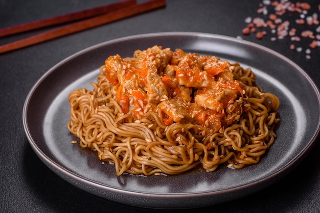 Fideos tailandeses y plato de pollo sobre un fondo de hormigón negro con palillos chinos y espacio para copiar