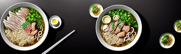 Fideos tailandeses en un tazón con pollo al estilo tailandés, un par de palillos, fideos salteados chinos con zanahorias y cebollas