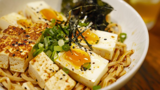 Foto fideos udon japoneses con tofu y huevo