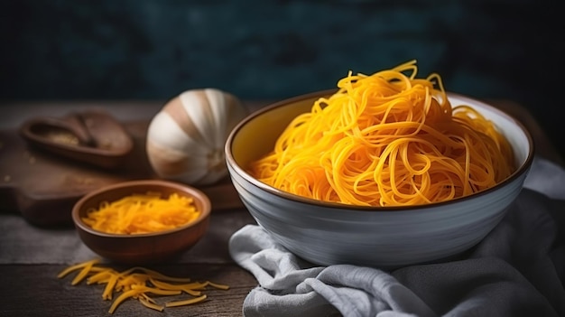 Foto fideos vegetarianos de calabaza de mantequilla en un fondo rústico ia generativa