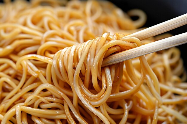 Los fideos con verduras en un fondo negro se cierran