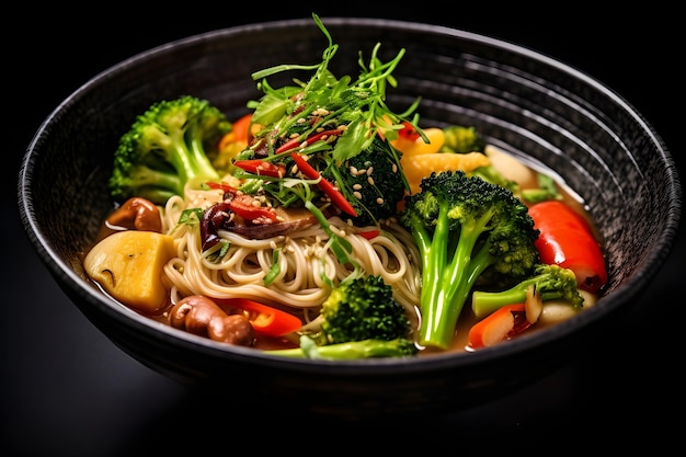 Fideos con verduras en un tazón negro