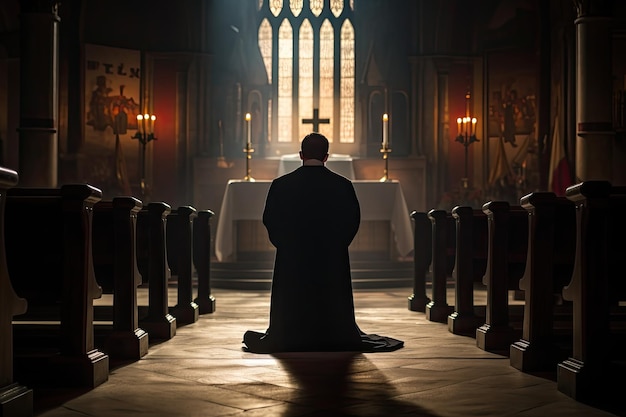 Fiel sacerdote orando en la iglesia católica Vista posterior