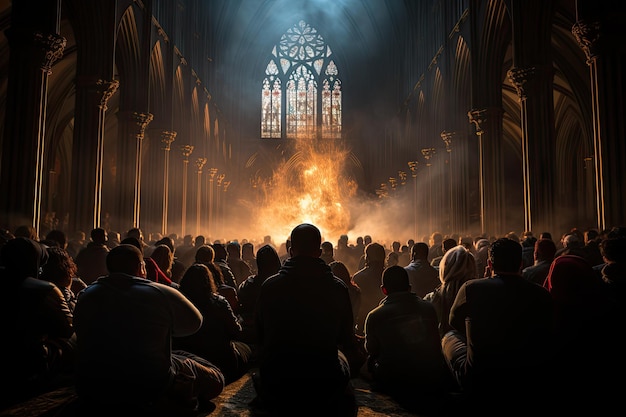 Fieles del coro celestial de la catedral gótica en devoción generativa IA