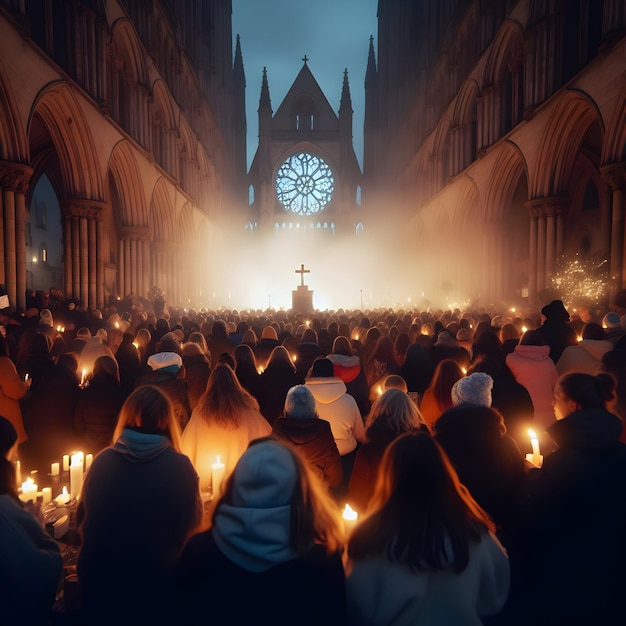 Los fieles se reunieron para una vigilia a la luz de las velas fuera de la catedral en una noche sombría orando por