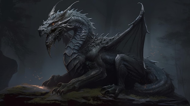 Fierce Dark beautiful regal dragon Fantasía mazmorras y dragones fondo brumoso Pintura digital