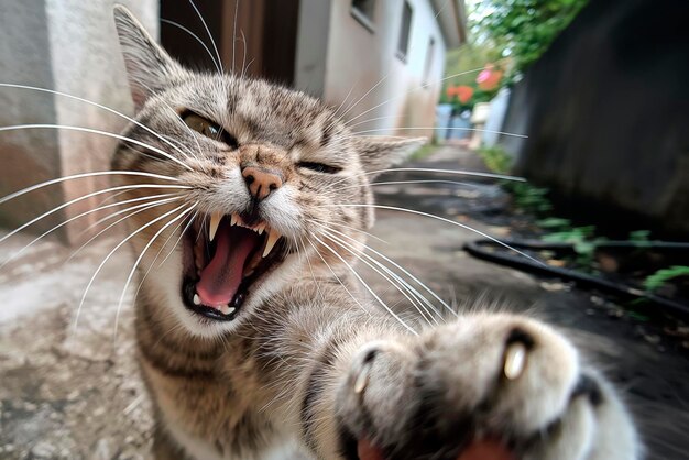Foto fierce tabby gato sissing com garras para fora