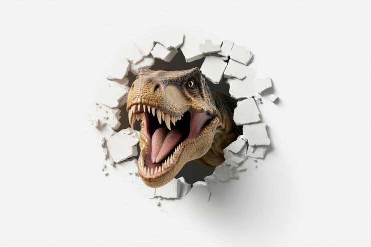 Fierce TRex Head Breaking Through Wall em Ilustração Dinâmica 3D