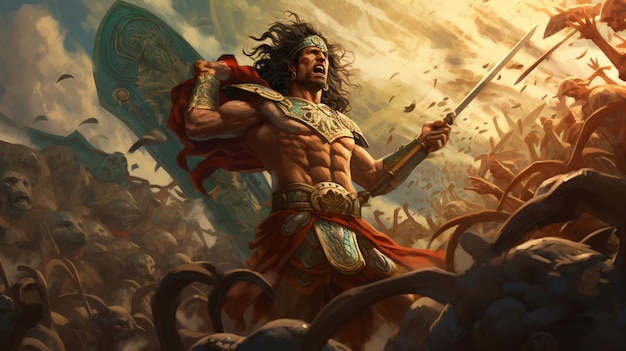 Fierce Warrior Leading Mythical Battle KI-generiertes Bild