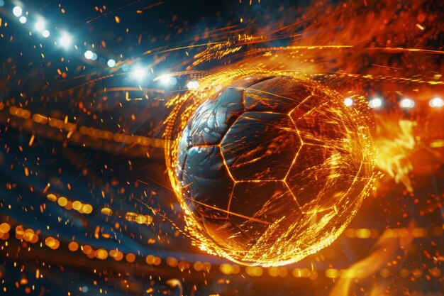 Fiery bola de futebol ir rápido no estádio de futeblol AI gerativa