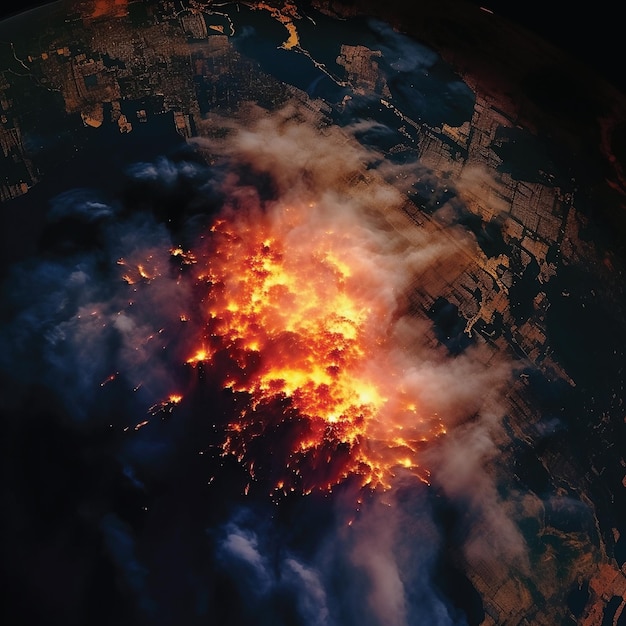 Fiery earth una vista cautivadora de nuestro planeta envuelto en llamas ia generativa