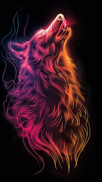 Fiery Neon Majestic Wolf Uivando na Lua Ilustração Generativa AI