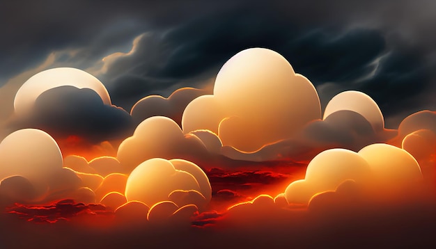 Fiery orange dramatischen bewölkten Sonnenuntergang Himmel Bunte Farben der Morgendämmerung Unglaubliche Schönheit Eine schöne und bunte abstrakte Natur Hintergrund Illustration 3d