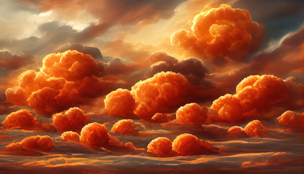 Fiery orange dramatischen bewölkten Sonnenuntergang Himmel Bunte Farben der Morgendämmerung Unglaubliche Schönheit Eine schöne und bunte abstrakte Natur Hintergrund Illustration 3d