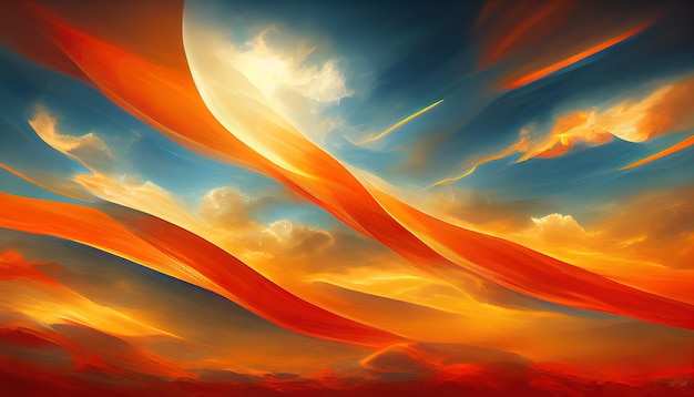 Fiery orange dramatischen bewölkten Sonnenuntergang Himmel Bunte Farben der Morgendämmerung Unglaubliche Schönheit Eine schöne und bunte abstrakte Natur Hintergrund Illustration 3d