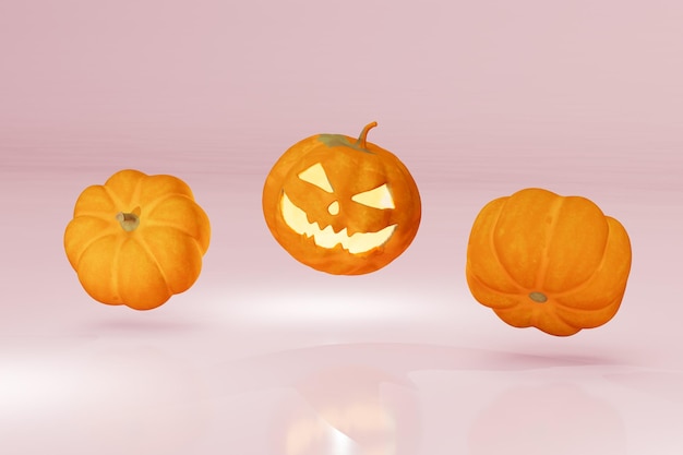 fiesta americana de halloween. calabaza iluminada sonriente junto a calabazas naranjas sobre fondo rosa