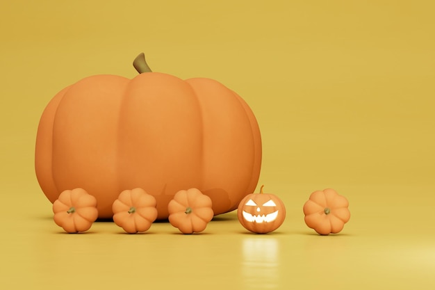 fiesta americana de halloween. calabaza iluminada sonriente junto a patrones de pequeñas calabazas naranjas