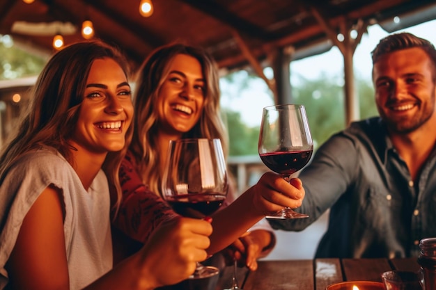 Fiesta con amigos Grupo de jóvenes alegres que llevan chispas y flautas de champán Imagen IA generativa