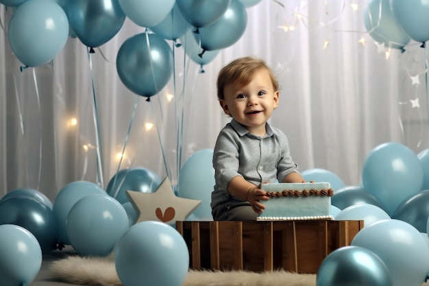 Fiesta azul pequeña infancia niños lindo globo niño niño cumpleaños IA generativa