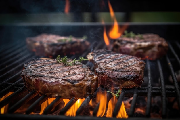 Fiesta de barbacoa con filetes a la parrilla y llamas vibrantes generativa IA