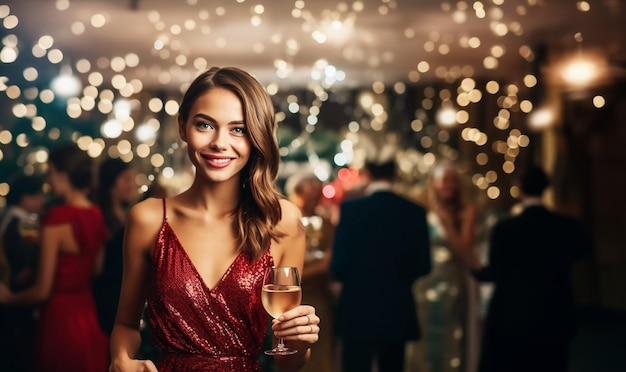 Fiesta bebidas fiestas personas y concepto de celebración mujer sonriente en vestido de noche con un vaso de