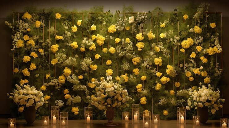 fiesta de boda decorativa pared interior de flores hecha por IA generativa