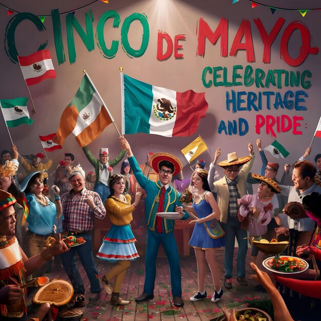 Foto fiesta del cinco de mayo cartel colorido la gente celebra con alimentos generan ai