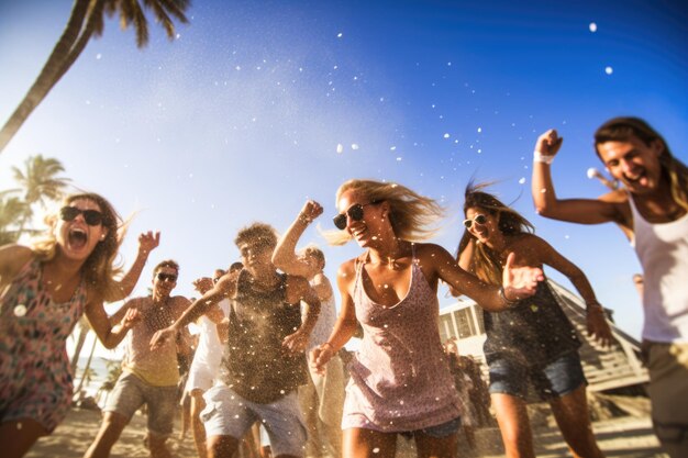 Foto fiesta en el club de playa con gente bailando y disfrutando de la música bajo el cálido sol ia generativa