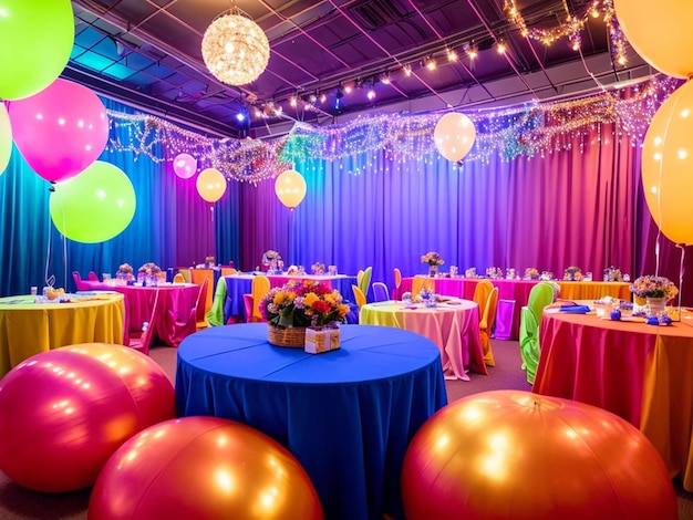 Foto una fiesta colorida con una mesa y sillas con globos