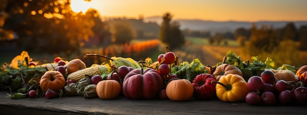 Fiesta de la cosecha de manzanas, calabazas y maíz en una mesa al atardecer