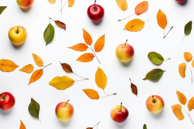 Foto fiesta de la cosecha de otoño patrón plano vibrante de hojas y manzanas coloridas sobre un fondo blanco