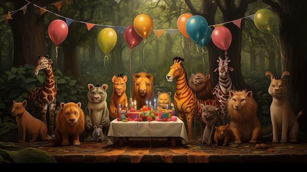 Foto una fiesta de cumpleaños con animales y un pastel de cumpleañas