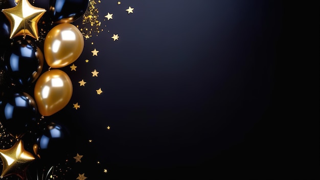 Fiesta de cumpleaños fondo negro espacio de celebración para texto brillante globos de brillo tarjeta dorada
