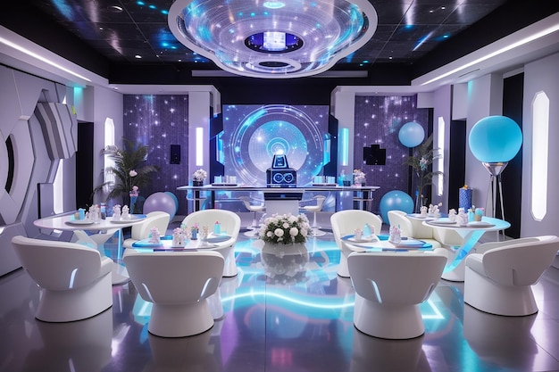 Una fiesta de cumpleaños futurista ambientada en un espacio elegante y moderno con decoraciones holográficas.