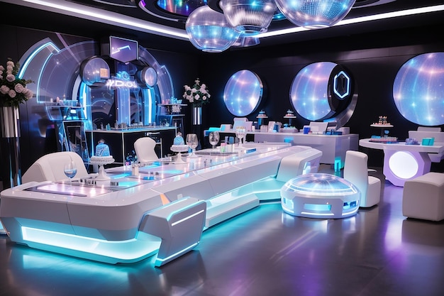 Una fiesta de cumpleaños futurista ambientada en un espacio elegante y moderno con decoraciones holográficas.