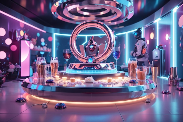 Una fiesta de cumpleaños futurista ambientada en un espacio elegante y moderno con decoraciones holográficas.