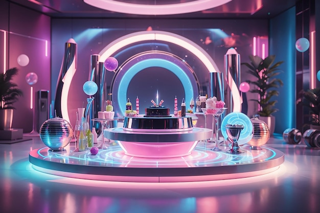 Una fiesta de cumpleaños futurista ambientada en un espacio elegante y moderno con decoraciones holográficas.