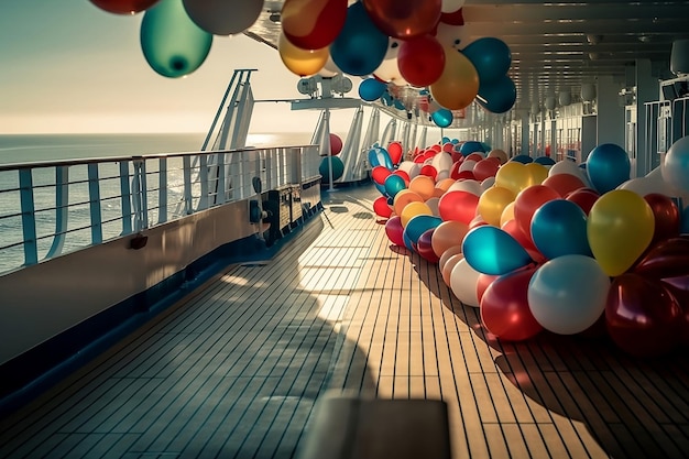 Fiesta de cumpleaños con globos en la cubierta de un crucero