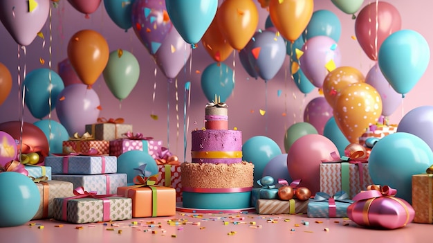 Una fiesta de cumpleaños con globos y un pastel.