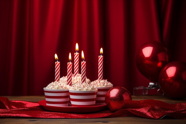 Foto fiesta de cumpleaños gorras sopladores y velas sobre fondo rojo ar 32