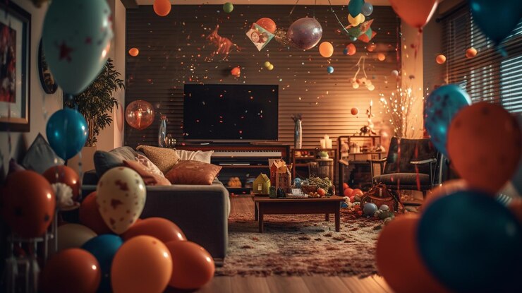 Fiesta de cumpleaños en la habitación con globos, velas y otros artículos