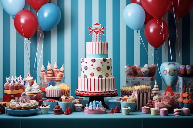 Fiesta de cumpleaños infantil con tarta y regalos.