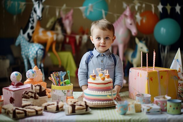 Fiesta de cumpleaños infantil con tarta y regalos.